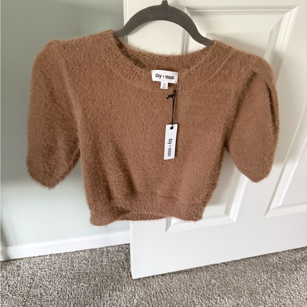 day + moon Cozy Cropped Crewneck Sweater in Camel